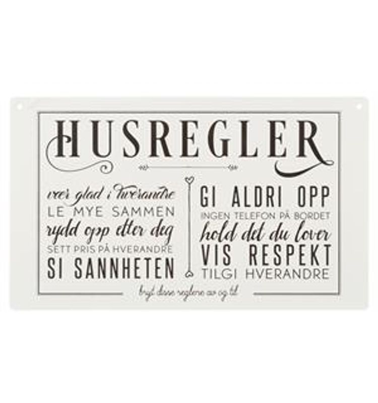 Skilt Husregler hvit m/tekst  27x16 cm
