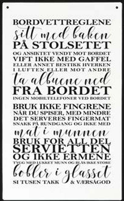 Hovedbilde Metallskilt: Bordvettregler