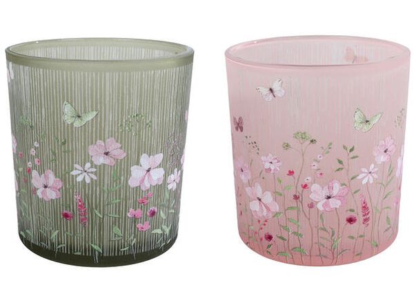 Telysglass Grønn med blomster 7,5x8 cm