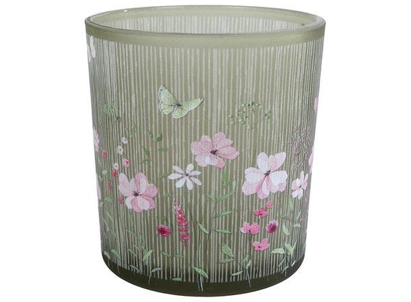 Telysglass Grønn med blomster 7,5x8 cm